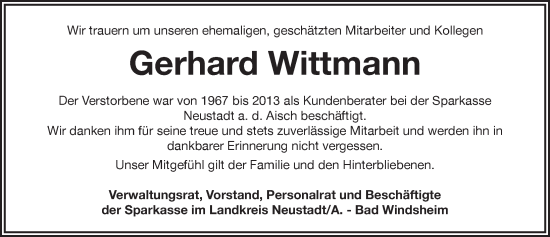Traueranzeige von Gerhard Wittmann von Neustadt/ Scheinfeld/ Uffenheim