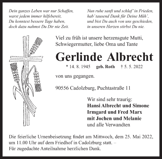Traueranzeige von Gerlinde Albrecht von Neustadt/ Scheinfeld/ Uffenheim