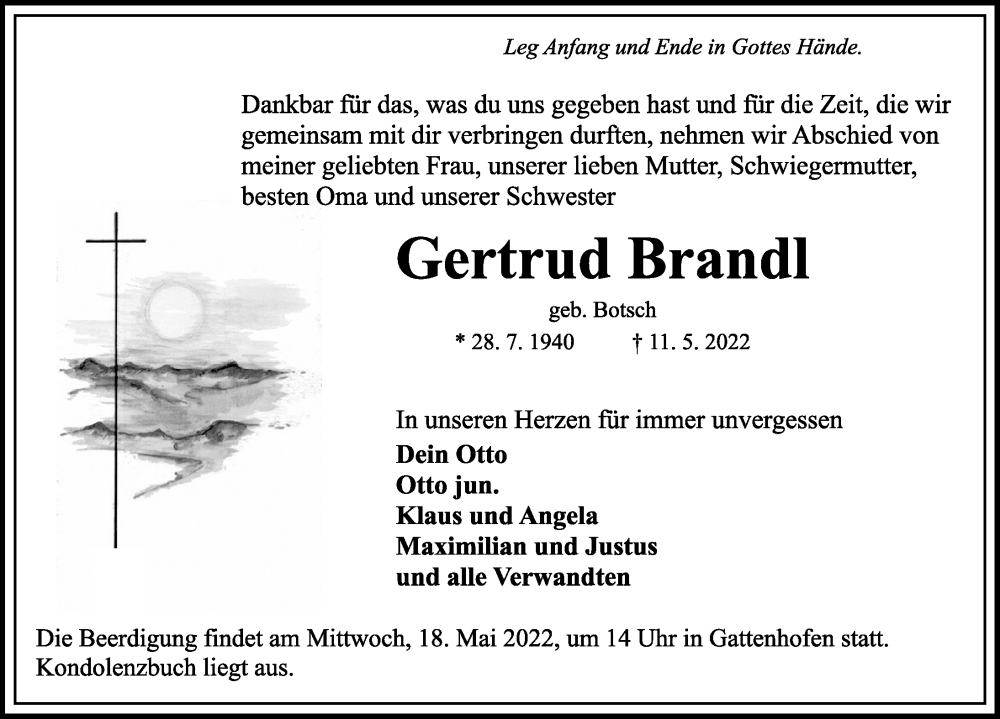  Traueranzeige für Gertrud Brandl vom 16.05.2022 aus Rothenburg