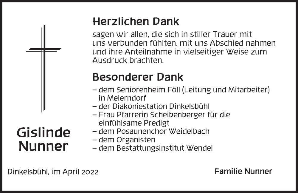  Traueranzeige für Gislinde Nunner vom 12.05.2022 aus Dinkelsbühl/ Feuchtwangen