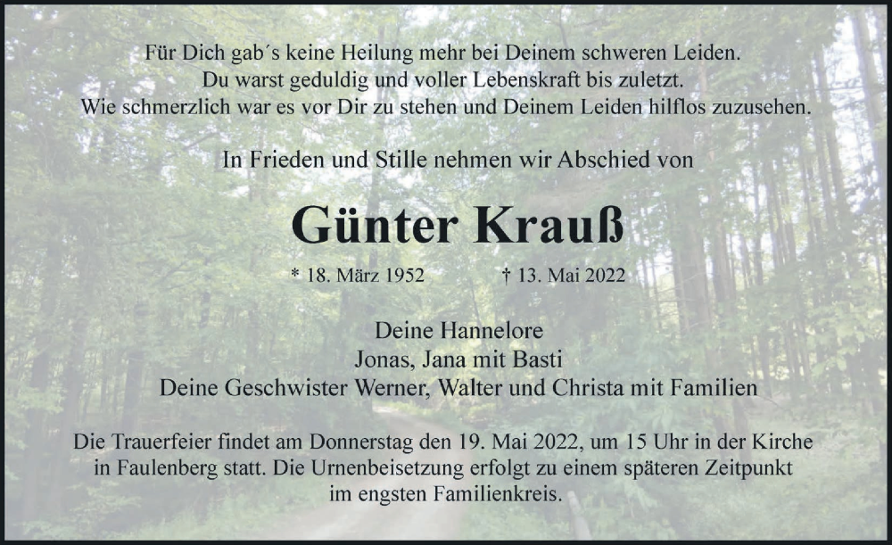  Traueranzeige für Günter Krauß vom 17.05.2022 aus Rothenburg