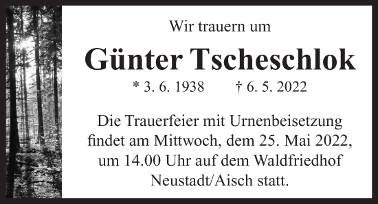 Traueranzeige von Günter Tscheschlok von Neustadt/ Scheinfeld/ Uffenheim