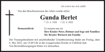 Traueranzeige von Gunda Berlet von Neustadt/ Scheinfeld/ Uffenheim