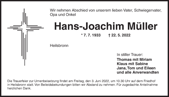 Traueranzeige von Hans-Joachim Müller von Ansbach