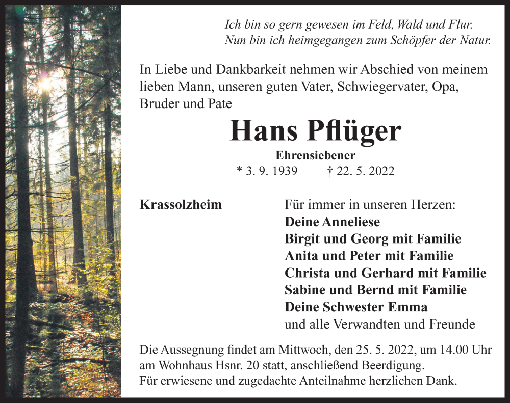  Traueranzeige für Hans Pflüger vom 24.05.2022 aus Neustadt/ Scheinfeld/ Uffenheim