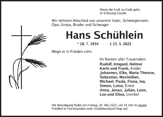 Traueranzeige von Hans Schühlein von Ansbach