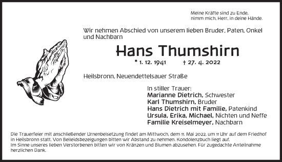 Traueranzeige von Hans Thumshirn von Ansbach