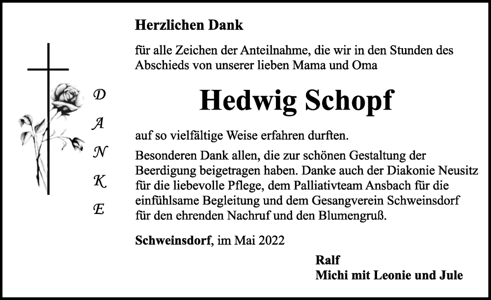  Traueranzeige für Hedwig Schopf vom 21.05.2022 aus Rothenburg