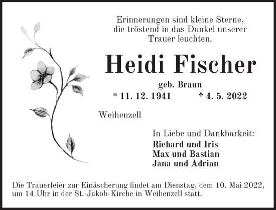 Traueranzeige von Heidi Fischer von Ansbach
