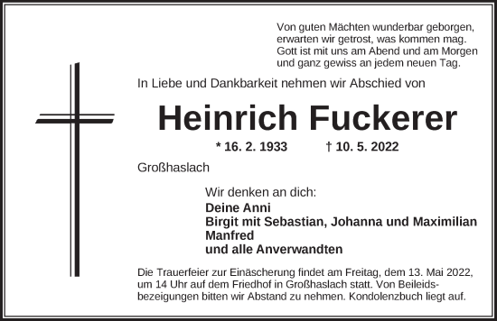 Traueranzeige von Heinrich Fuckerer von Ansbach