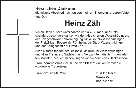 Traueranzeige von Heinz Zäh von Dinkelsbühl/ Feuchtwangen