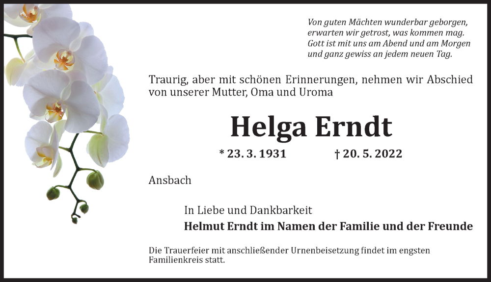  Traueranzeige für Helga Erndt vom 24.05.2022 aus Ansbach