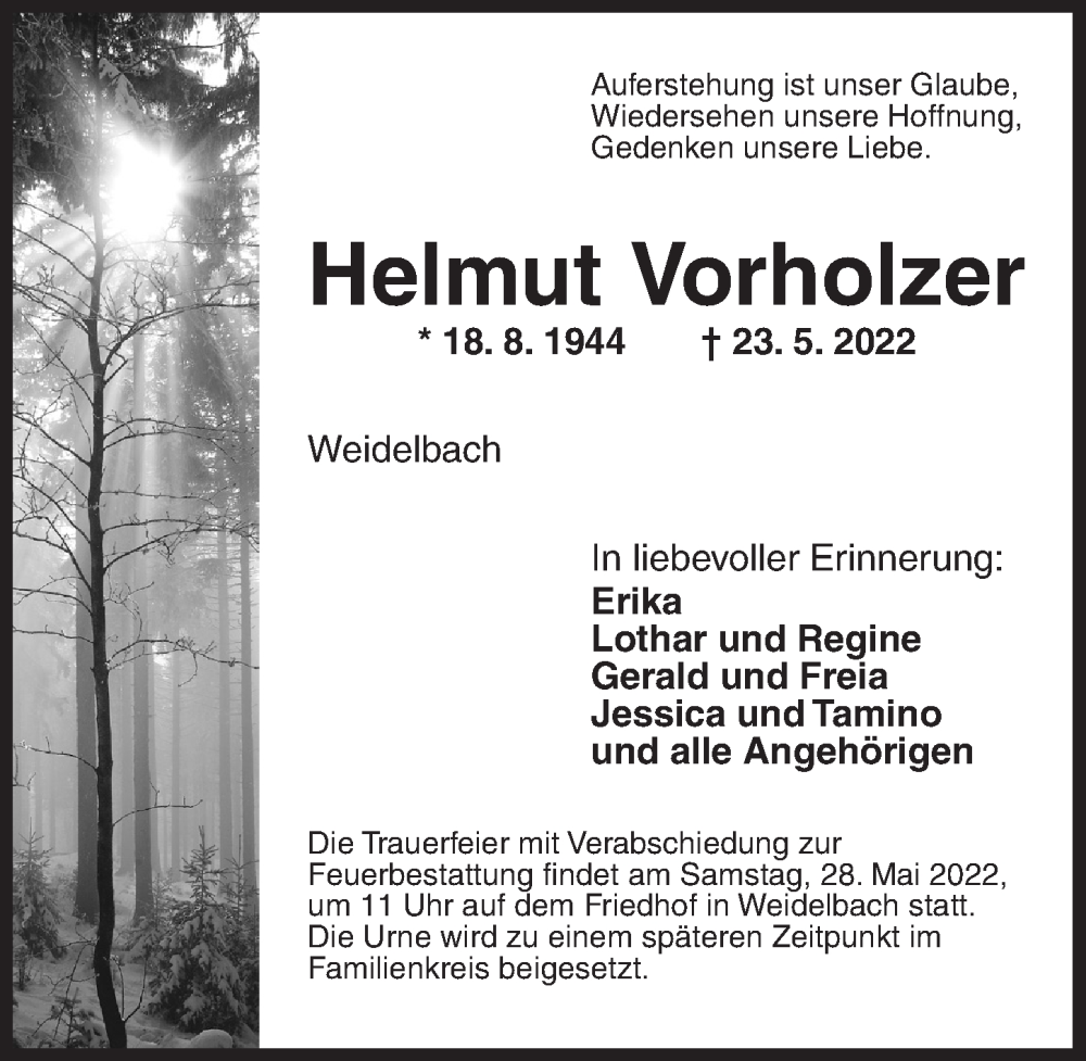  Traueranzeige für Helmut Vorholzer vom 25.05.2022 aus Dinkelsbühl/ Feuchtwangen