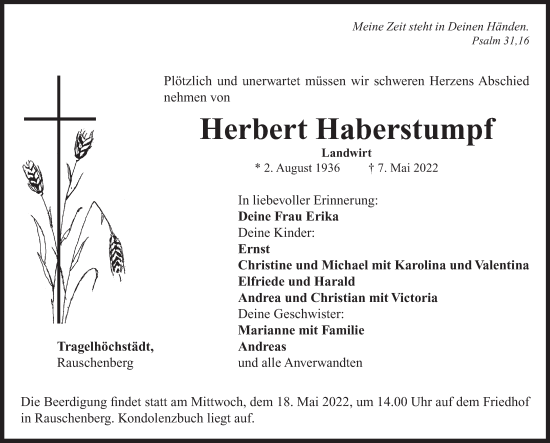 Traueranzeige von Herbert Haberstumpf von Neustadt/ Scheinfeld/ Uffenheim