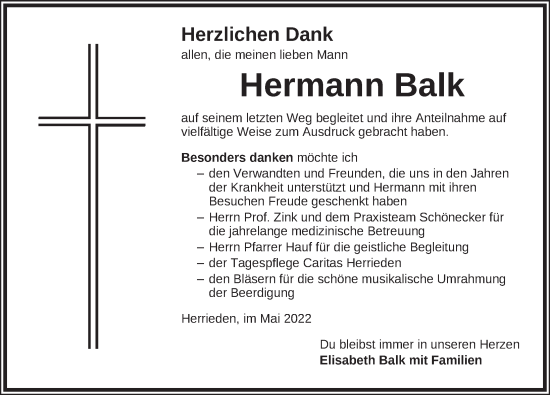 Traueranzeige von Hermann Balk von Ansbach