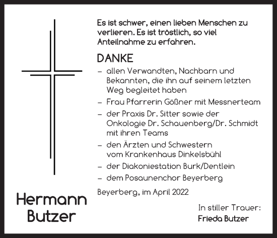 Traueranzeige von Hermann Butzer von Dinkelsbühl/ Feuchtwangen