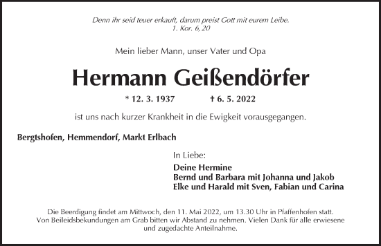 Traueranzeige von Hermann Geißendörfer von Neustadt/ Scheinfeld/ Uffenheim