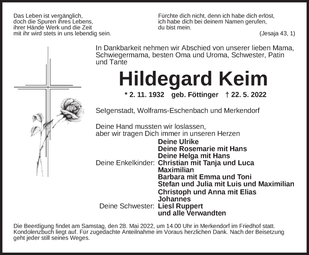  Traueranzeige für Hildegard Keim vom 25.05.2022 aus Ansbach