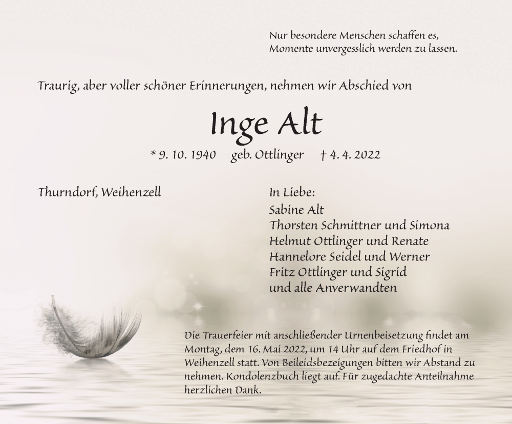  Traueranzeige für Inge Alt vom 14.05.2022 aus Ansbach