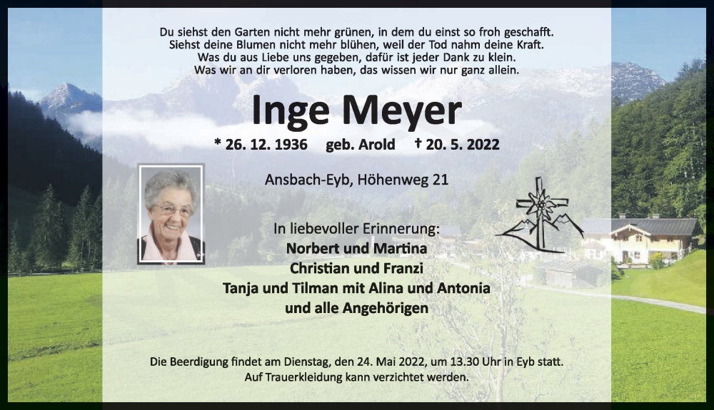  Traueranzeige für Inge Meyer vom 21.05.2022 aus Ansbach