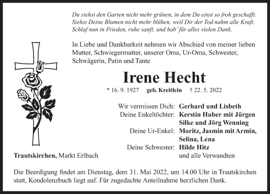 Traueranzeige von Irene Hecht von Neustadt/ Scheinfeld/ Uffenheim