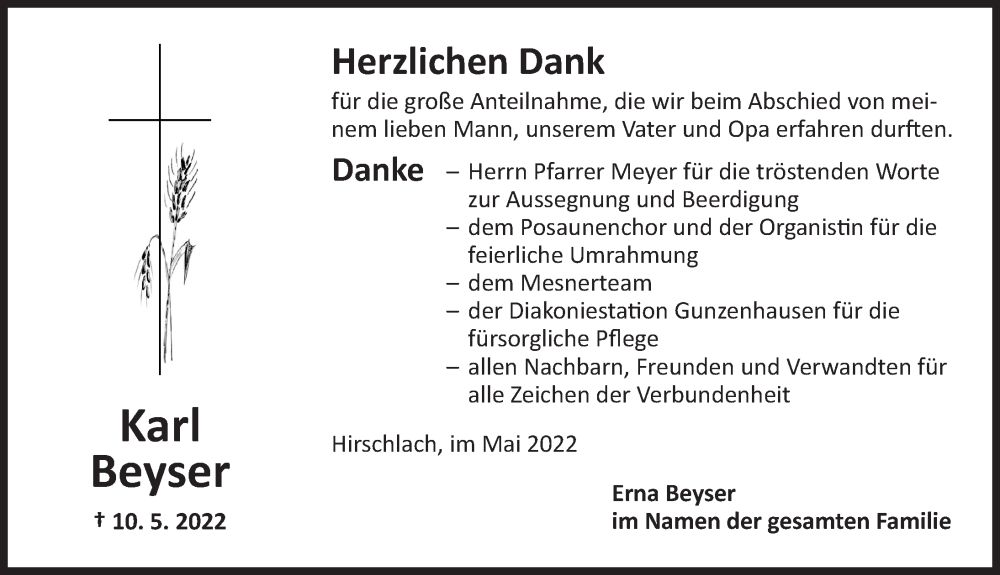  Traueranzeige für Karl Beyser vom 28.05.2022 aus Ansbach