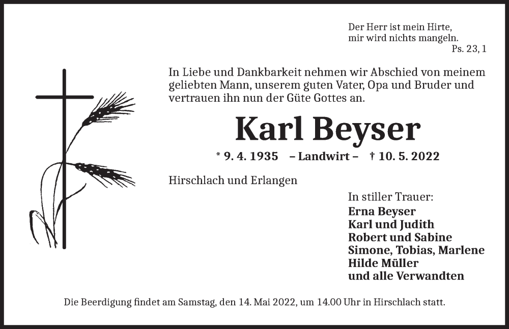  Traueranzeige für Karl Beyser vom 13.05.2022 aus Ansbach