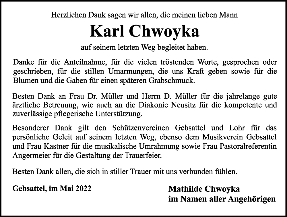  Traueranzeige für Karl Chwoyka vom 28.05.2022 aus Rothenburg