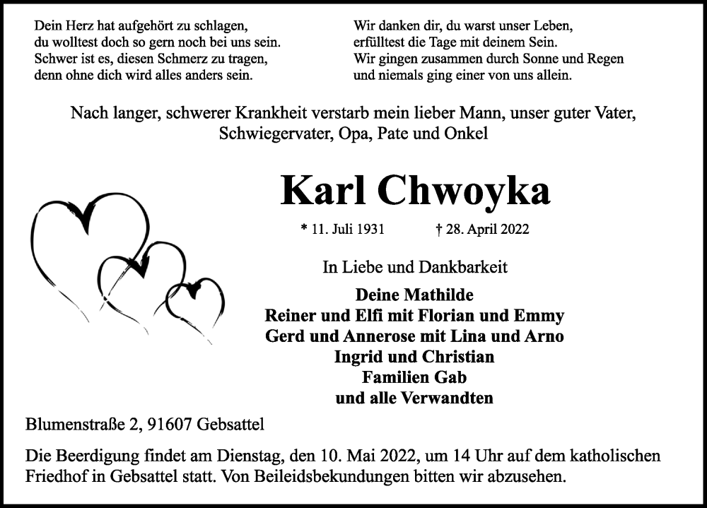  Traueranzeige für Karl Chwoyka vom 07.05.2022 aus Rothenburg