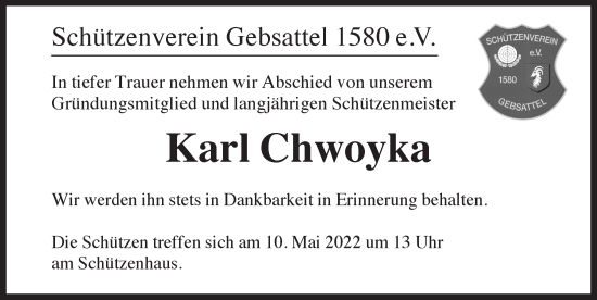 Traueranzeige von Karl Chwoyka von Rothenburg