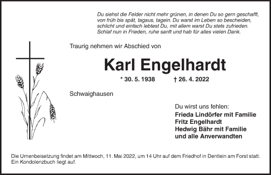 Traueranzeige von Karl Engelhardt von Dinkelsbühl/ Feuchtwangen