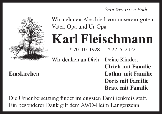 Traueranzeige von Karl Fleischmann von Neustadt/ Scheinfeld/ Uffenheim
