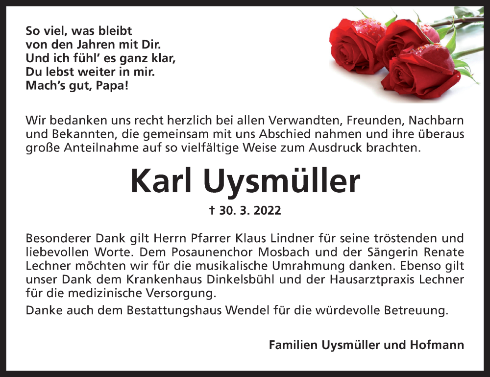  Traueranzeige für Karl Uysmüller vom 09.05.2022 aus Dinkelsbühl/ Feuchtwangen