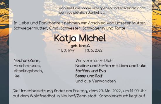 Traueranzeige von Katja Michel von Neustadt/ Scheinfeld/ Uffenheim