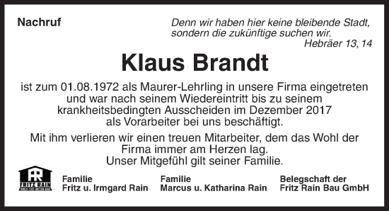 Traueranzeige von Klaus Brandt von Neustadt/ Scheinfeld/ Uffenheim
