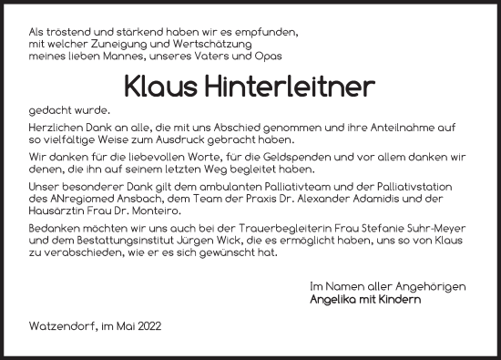 Traueranzeige von Klaus Hinterleitner von Ansbach