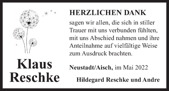 Traueranzeige von Klaus Reschke von Neustadt/ Scheinfeld/ Uffenheim