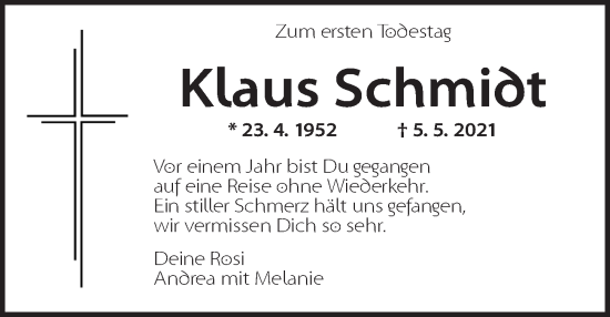 Traueranzeige von Klaus Schmidt von Ansbach