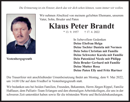 Traueranzeige von Klaus Peter Brandt von Neustadt/ Scheinfeld/ Uffenheim