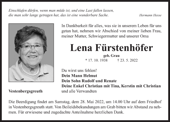 Traueranzeige von Lena Fürstenhöfer von Neustadt/ Scheinfeld/ Uffenheim