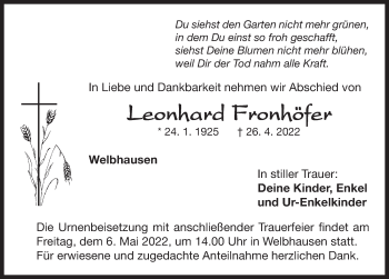 Traueranzeige von Leonhard Fronhöfer von Neustadt/ Scheinfeld/ Uffenheim