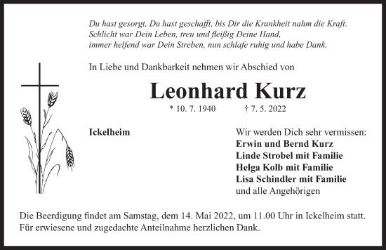 Traueranzeige von Leonhard Kurz von Neustadt/ Scheinfeld/ Uffenheim