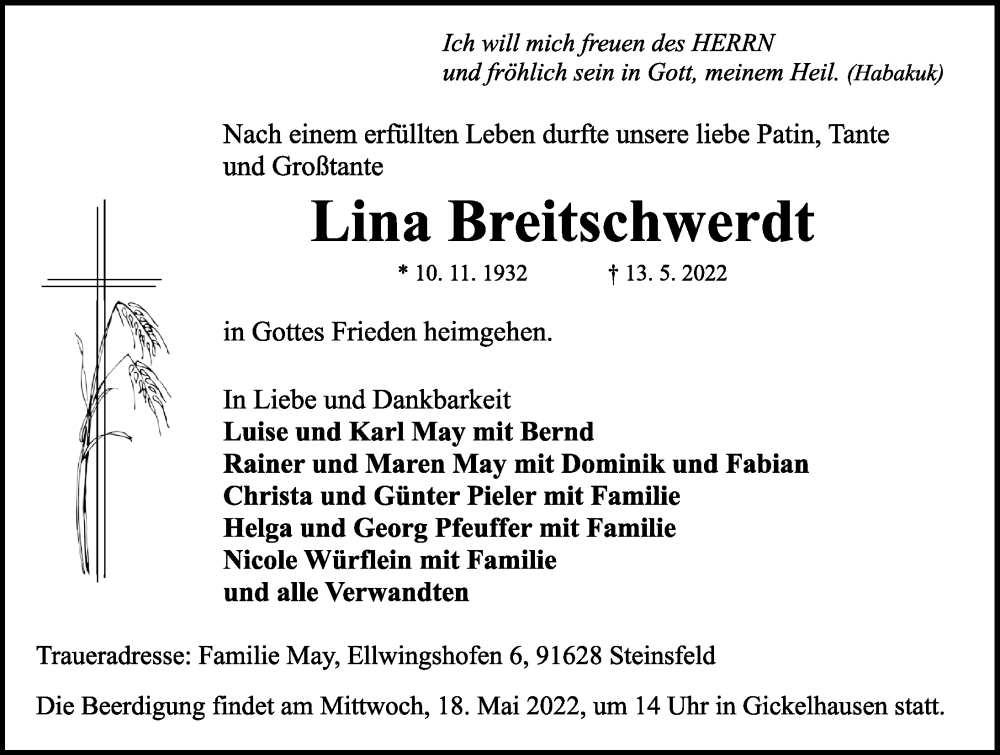  Traueranzeige für Lina Breitschwerdt vom 16.05.2022 aus Rothenburg