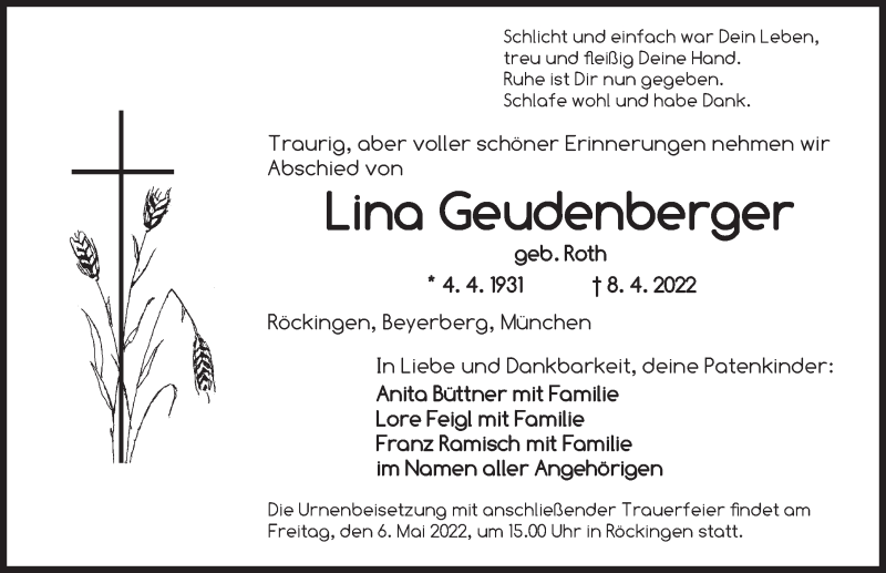  Traueranzeige für Lina Geudenberger vom 04.05.2022 aus Dinkelsbühl/ Feuchtwangen
