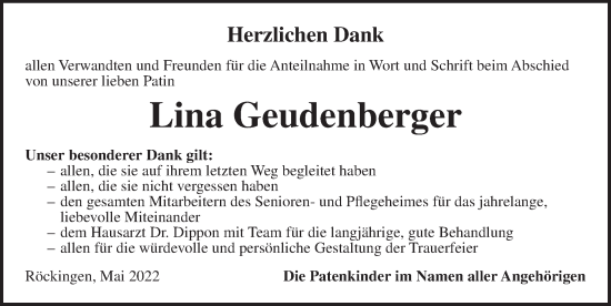 Traueranzeige von Lina Geudenberger von Dinkelsbühl/ Feuchtwangen