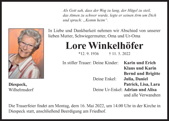 Traueranzeige von Lore Winkelhöfer von Neustadt/ Scheinfeld/ Uffenheim