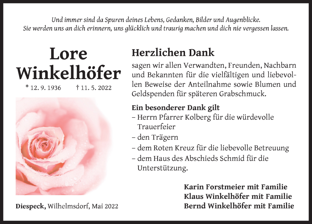  Traueranzeige für Lore Winkelhöfer vom 21.05.2022 aus Neustadt/ Scheinfeld/ Uffenheim