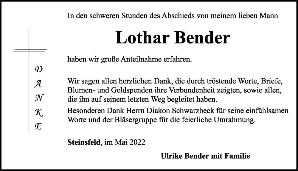  Traueranzeige für Lothar Bender vom 14.05.2022 aus Rothenburg