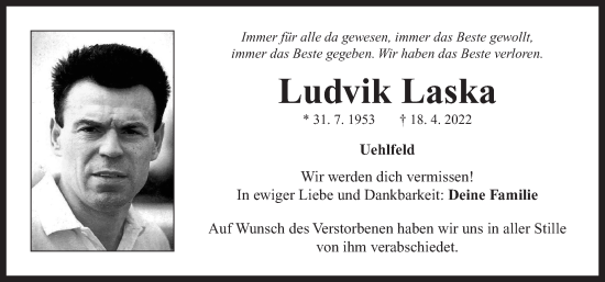 Traueranzeige von Ludvik Laska von Neustadt/ Scheinfeld/ Uffenheim