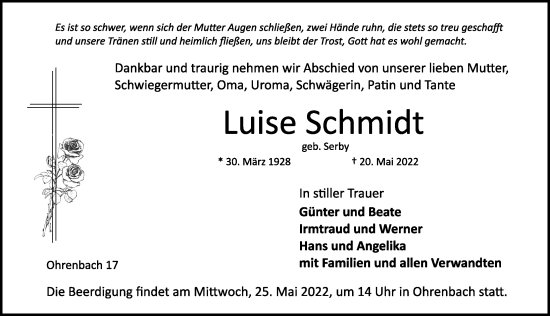 Traueranzeige von Luise Schmidt von Rothenburg